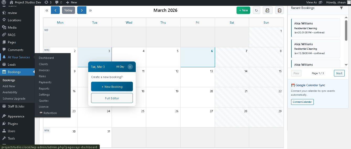 At Your Services Pro Booking Calendar - Intelligent scheduling and booking system